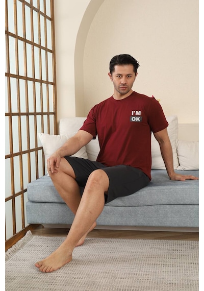 Seboteks %100 Pamuklu Kısa Kollu Cepli Erkek Şortlu Pijama Takımı 2015 Bordo