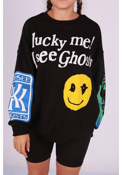 Madmext Mad Girls Siyah Baskılı Oversize Sweatshirt Mg1206 Siyah