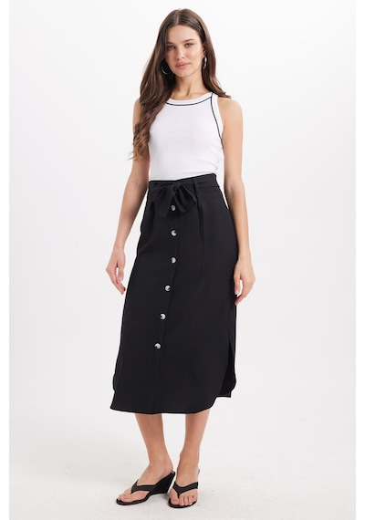 Tudors Kadın Slim Fit Dar Kesim Pileli Pamuklu Ön Düğme Kapamalı Kuşaklı Yırtmaçlı Siyah Etek -50946