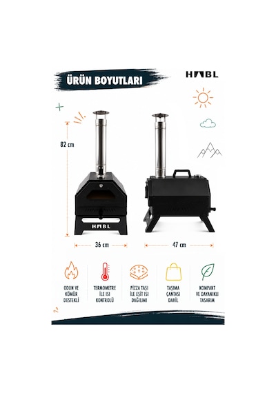 Habl Portatif Pizza Fırını Odun Ve Kömürlü Taşıma Çantalı Pizza Taşı Dahil Kamp Tipi Fırın Siyah