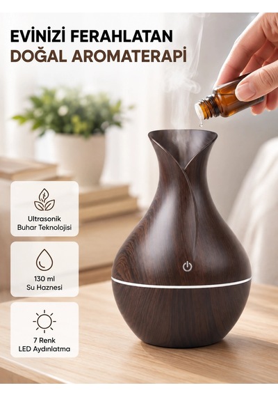 Mey İthalat Aromaterapi Difüzör Ahşap Desenli Ve Ultrasonik Nemlendirici Led Işıklı