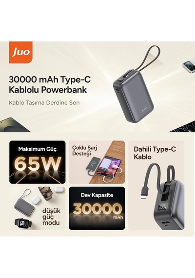 Tr 30000mah 65w Led Ekranlı Usb-a + Type-c Dahili Kablolu Powerbank Taşınabilir Pd Hızlı Şarj Cihazı