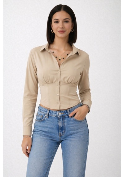 Trend Alisse Kadın Vucuda Oturan Vizon Beli Lastikli Korse Crop Gömlek VİZON