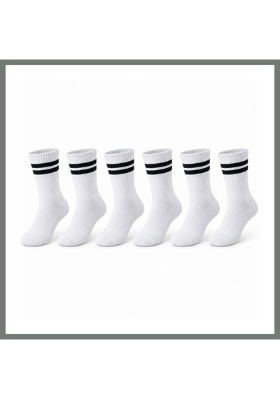 Bezos Unisex Beyaz Çorap Siyah Çizgili 6'lı Set Uzun Soket Günlük Spor Kolej Stil Rahat Kadın Erkek Çorabı Mmbz