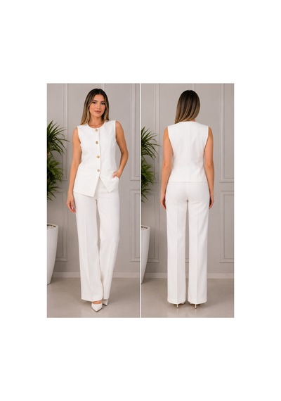 Gül&can Butik Kadın Beyaz Yelek Pantolon Takım Şık Ve Modern Beyaz