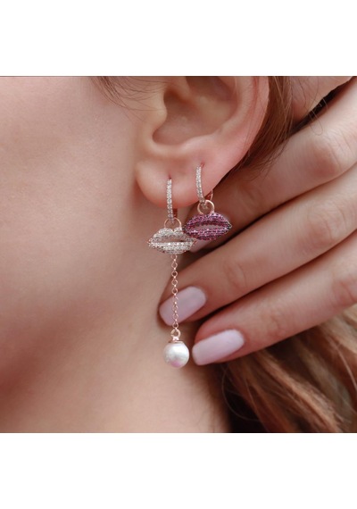 Zirkon Taşlı Dudak Figürlü Rose Gold Kaplama Asansör Zincirli Gümüş Set Gümüş