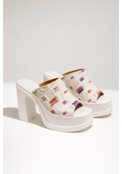 Preshley Kadın Marci Beyaz Kot Geniş Bantlı 12 Cm Platform Topuklu Terlik 1001
