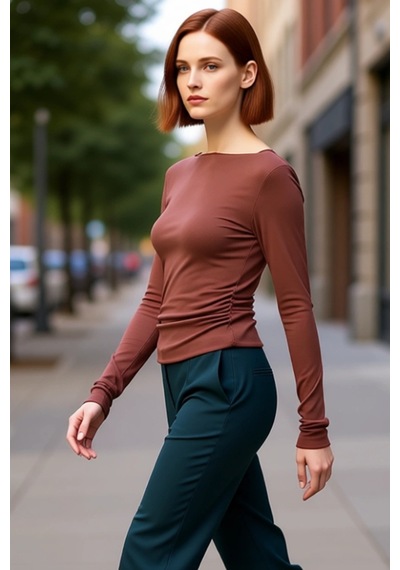 Ersefa Stil Kadın Fitted Vücuda Oturan Büzgü Drape Detaylı Esnek Bluz Cr Kahverengi