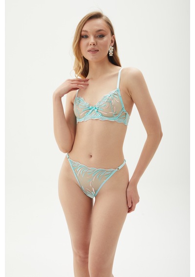 Arinda Dream Wave Soyut Desenli İşlemeli Balenli Kapsız Bralette Sütyen Tanga Alt Üst İç Çamaşırı Takımı 2 Parça Su Yeşili