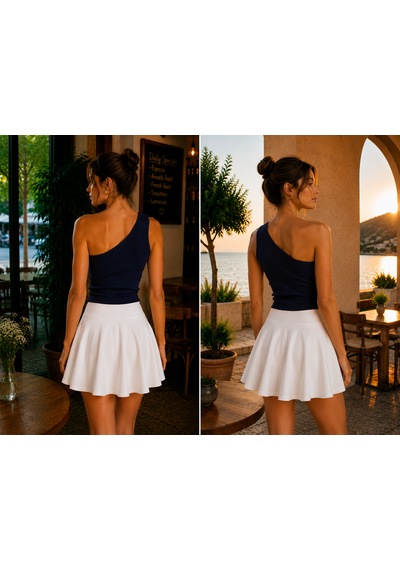 Feyece 2'li Siyah Lacivert Tek Omuz Detaylı Kaşkorse Bluz Crop Lacivert - Siyah