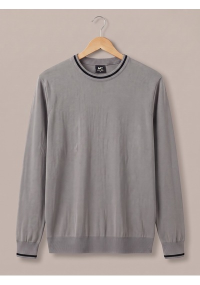 Maccali Erkek Gri Kontrast Şeritli Bisiklet Yaka Triko Sweatshirt