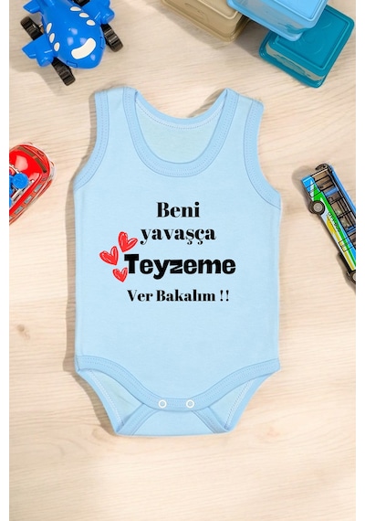 Bebetospik %100 Pamuklu Beni Yavaşça Teyzeme Ver Baskılı Yumuşak Doku Baskılı Zıbın & Body Mavi