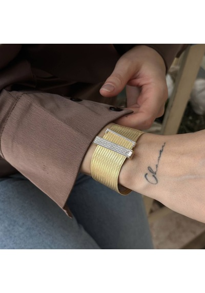 Engingold Elizi Hasır 15 Sıra Taşlı Altın Bileklik Işıltılı Şık Model Sarı Altın