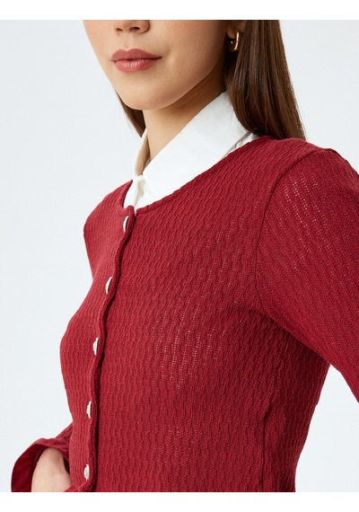 Koton Crop Hırka Düğmeli Fırfır Detaylı Bisiklet Yaka Slim Fit Bordo 5wal90024ık Bordo