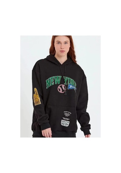 Zenna Tarz Baskılı Kapüşonlu Sweatshirt - Siyah