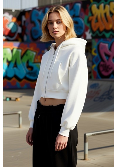 Benerly Kadın Kapüşonlu Düşük Kol Fermuarlı Örme Sweatshirt Fonksiyonel D Ekru