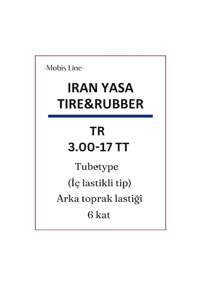 Iran Yasa Tıre&Rubber 300-17 Tt Tr  (İç Lastikle Kullanıma Uygundur.) 6pr Arka Yol/Toprak Motosiklet Lastiği