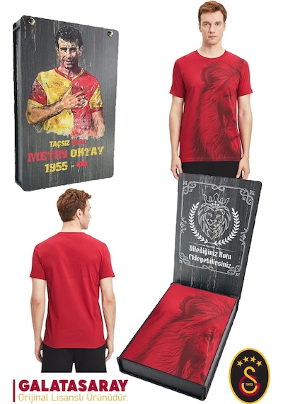 Galatasaray Lisanslı Aslan Baskılı T-shirt Kişiye Özel Metin Oktay Baskılı Ahşap Kutulu 105 Kırmızı
