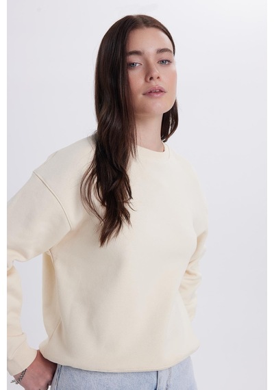 Tudors Kadın Oversize Geniş Kesim Pamuklu Bisiklet Yaka Taş Sweatshirt-39931 Taş