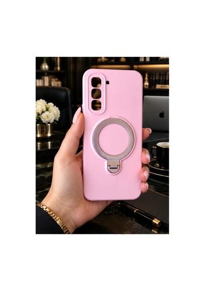 İnfinix Hot 60 Pro Plus İle Uyumlu 360 Derece Dönebilen Kalın Metal Magsafe Halka Stantlı İçi Kadife Korumalı Ultra Lüx Premium Silikon Kılıf Pembe