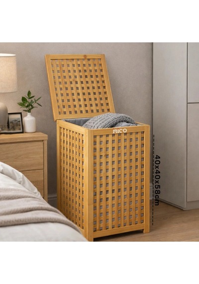 Kalın Ahşap Bambu Kirli Çamaşır Sepeti Kumaş Çantalı Sepet 40x40x58cm Bx40 Çok Renkli