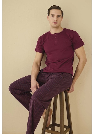 Aydoğan Erkek Önü Yarım Düğmeli Kısa Kol Modal Pijama Takımı 7978 Bordo