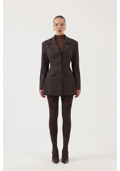 Holly Lolly Belden Oturmalı Çizgili Fit Kesim Karen Blazer Ceket Kahve
