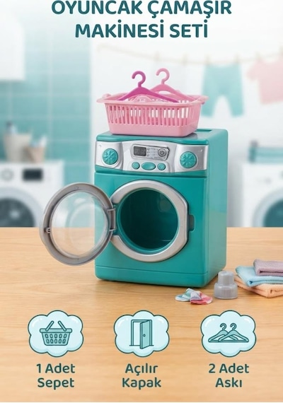 Aksesuarlı Çamaşır Makinesi Sepet Ve Askılı Eğitici 15 Cm Açılır Kapaklı Oyuncak Çamaşır Makinesi