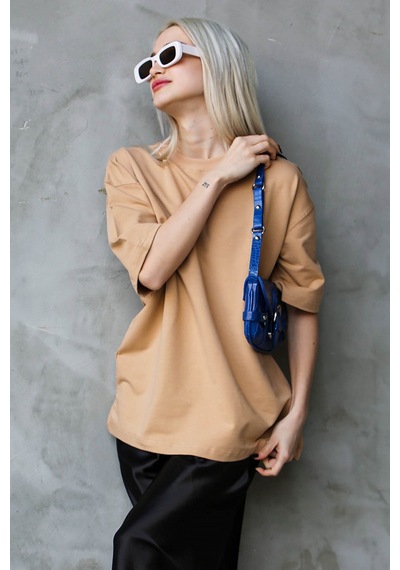 Madmext Bej Bisiklet Yaka Basic Oversize T-shirt Mg1687-bej Bej