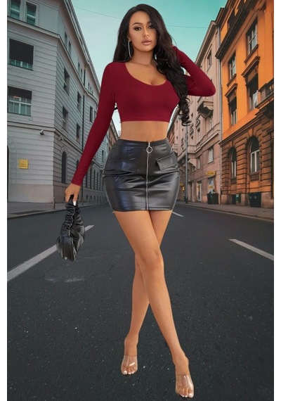Beru Bordo Derin U Yaka Crop Top Uzun Kollu Dar Kesim Kadın Bluz L - XL