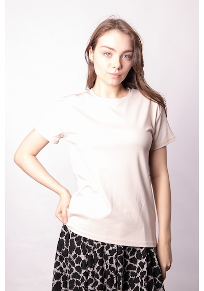 Kadın Sıfır Yaka Kırışmaz Span Karışımlı Şık Kısa Kol Likralı T-shirt Bluz-bej Bej