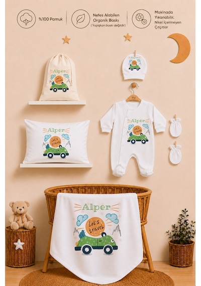 Pia Baby Erkek Bebek İsimli Hastane Çıkışı 6 Parça Tulum Şapka Eldiven %100 Pamuk Hediye Seti 2007tybk0x Krem
