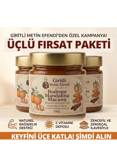 3 Kavanoz Bodrum Mandalina Macunu Giritli Metin Efendi Zencefil, Zerdeçal, Havlıcan, Nane, Kekik, Okaliptus Yağı Içeren Macun 3x240 Gr