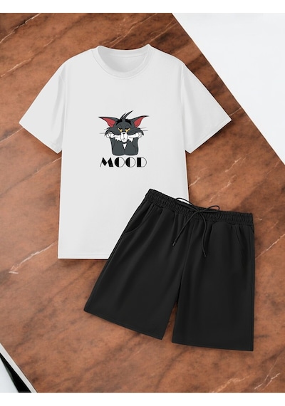 Uyguntarz Unisex Mood Baskılı Tasarım Şort Takım Beyaz