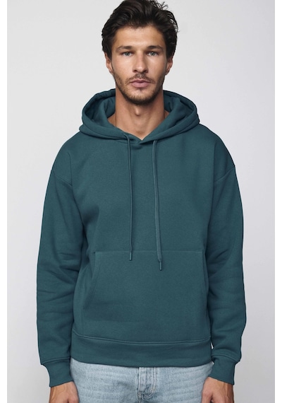 Tudors Oversize Pamuk Kapüşonlu Basıc Petrol Rengi Unisex Sweatshirt-29411-petrol Petrol