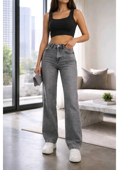 Woddi Hsn Kadın Füme Salaş Likralı Bel Salaş Jean Pantolon New Sezon-2