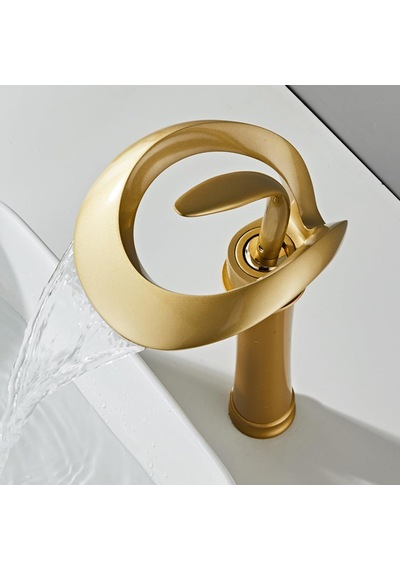 Lüks Gold Şelale Çanak Lavabo Bataryası Premium Tek Kollu Tezgah Üstü Musluk Otel Özel Tasarım Gold