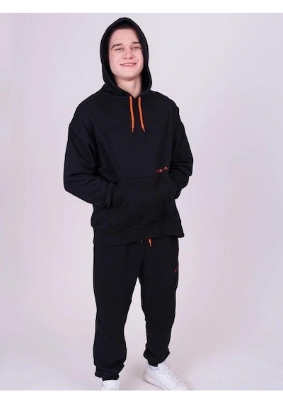 Erkek Çocuk Kapüşonlu Sweatshirt Real Yazılı Jogger Eşofman Takım - 13416 - Siyah