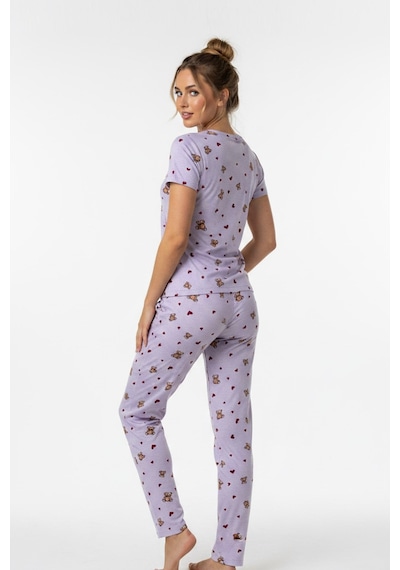 Kompedan Kadın Bisiklet Yaka Yumuşak Dokulu Ayıcık Desenli Kısa Kol Pijama Takım Lila 70132-4752