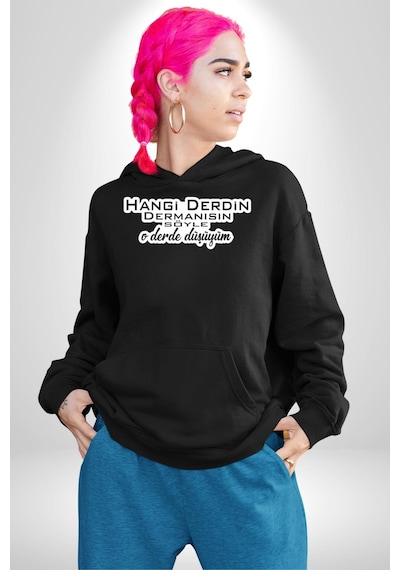 Hangi Derdin Dermanısın Söyle O Derde Düşüyüm Yazılı Kadın Erkek Siyah Kapüşonlu Sweatshirt Hoodie Siyah