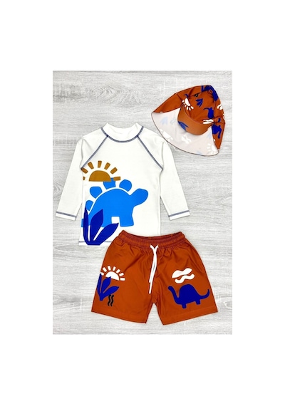 My Kids Wear Güneş Korumalı Boneli Karakter Desenli Deniz Şortlu Mayo Takım Mavi Desenli