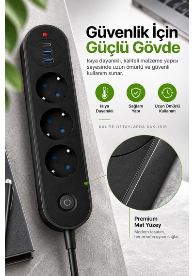 Robeve Blic Termal Akım Korumalı 3 Lü Priz 2500w 1 Usb-c + 2 Us