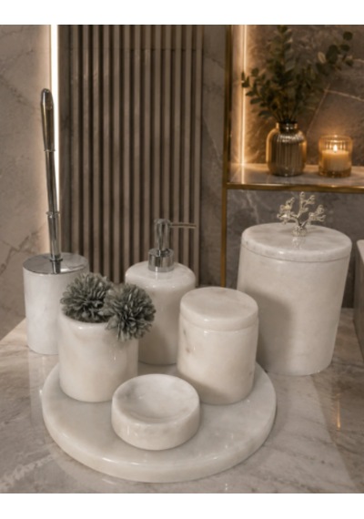 Akmera Elite 7 Parça %100 Gerçek Mermer Banyo Seti beyaz - Krom