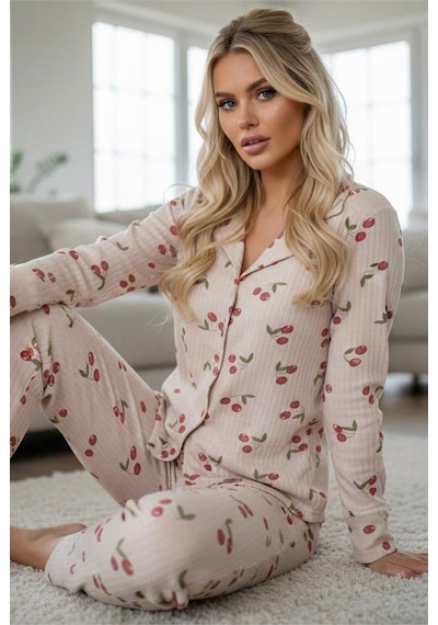 Siyah İnci Yumuşak Tuşe Kışlık Fitilli Düğmeli Pamuklu Örme Pijama Takım 7980 Vizon Kiraz