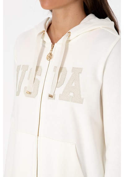 U.S. Polo Assn. Kadın Krem Uzun Fermuarlı Kapüşonlu Basic Sweatshirt 50307724-VR256