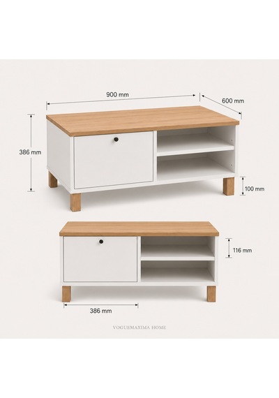 The Voguemaxima Livenza Kapaklı Kayın Ahşap Ayaklı Orta Sehpa 90 60 38,6 Cm Beyaz
