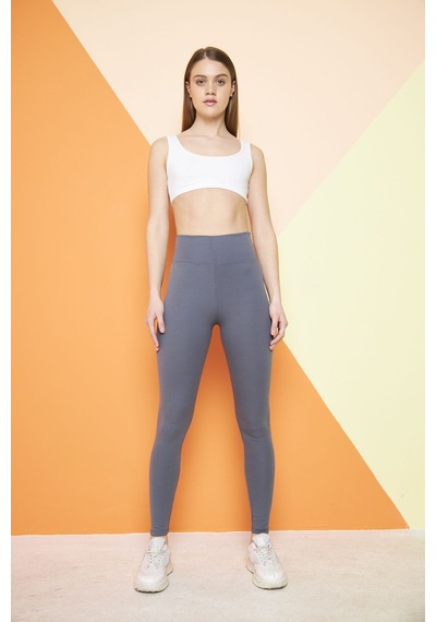 Thıff Gymwear Haki Yüksek Bel Fitilli Toparlayıcı Interlok Örme Spor Dar Paça Kadın Tayt Antrasit