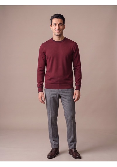 Maccali Erkek Bordo Kontrast Şeritli Bisiklet Yaka Triko Sweatshirt