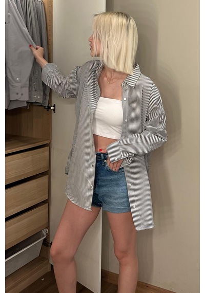 Madmext Siyah Çizgili Over Fit Gömlek Mg1525 Siyah