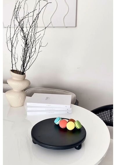 Risus Siyah Top Ayaklı 29 Cm Ahşap Yuvarlak Pasta Sunum Tabağı